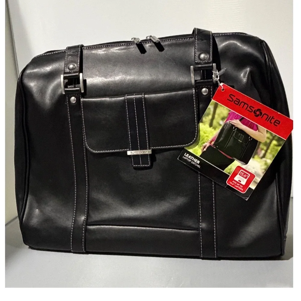 Samsonite Black Leather Laptop Satchel Bag 15.6 Inch Work Tote New With Tags